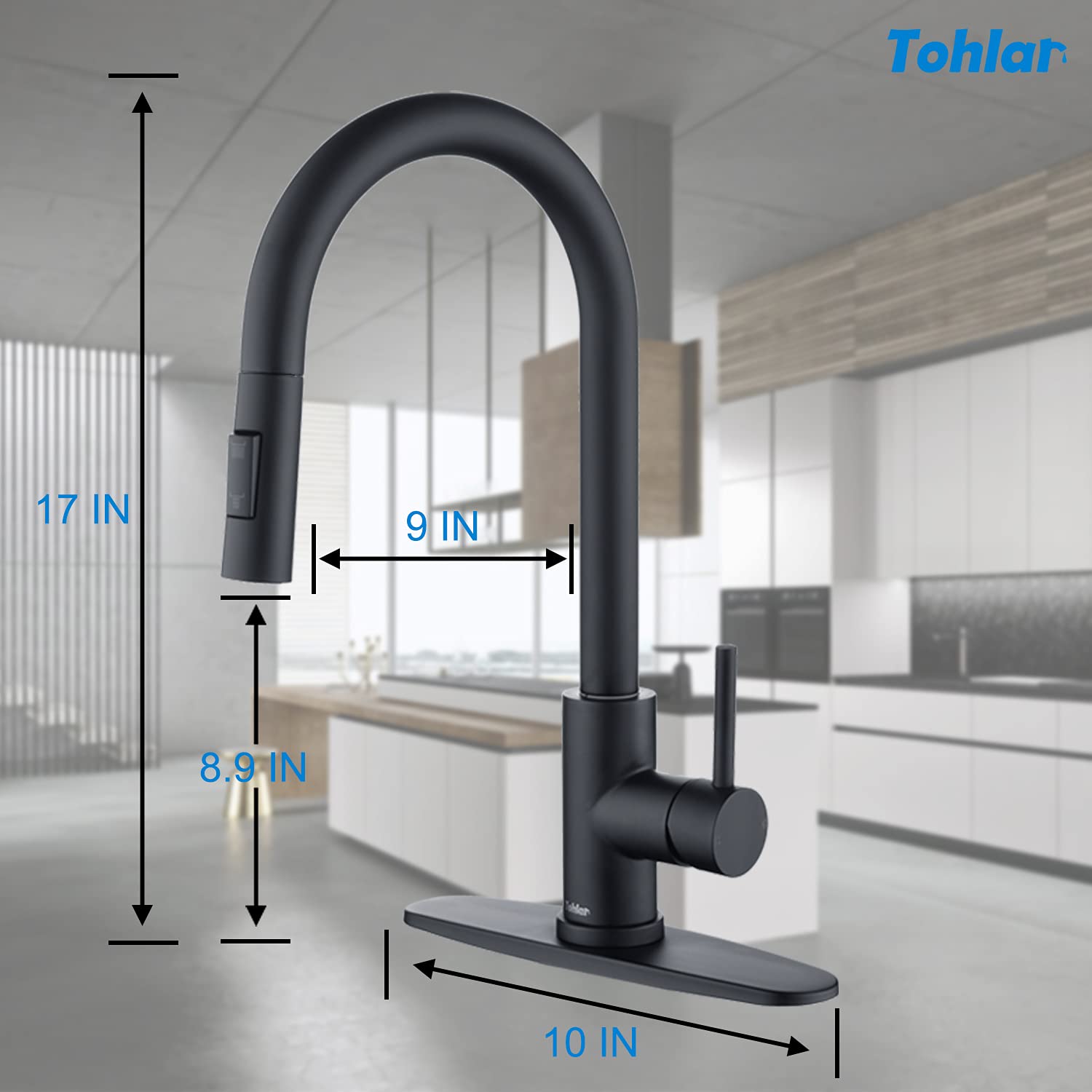 Tohlar Black Kitchen Faucets with Pull-Down Sprayer Single Handle Kitchen Faucet  Modern Stainless Steel Kitchen Sink Faucet with Deck Plate